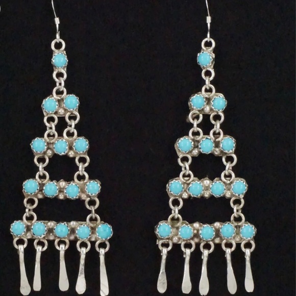 Sylvia Chee Zuni Kingman Turquoise Sterling Silver Chandelier Earrings - Picture 4 of 9